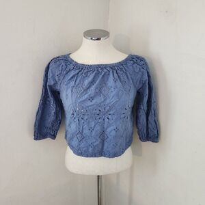 Gap Womens Blue‎ Eyelet Embroidered Off Shoulder Crop Top Puff Sleeve XS